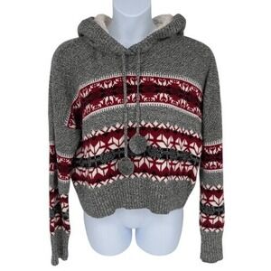 Yet‎ Again Sherpa Lined Fair Isle Hooded Cropped Sweater XL Pom-Pom Winter